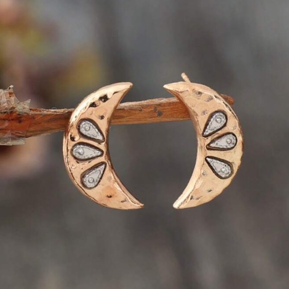 Hammered Moon Shaped Earrings, Celestial Gold tone Stud Earrings - Picture 2 of 6